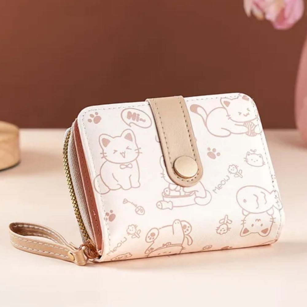 Milk Tea Color Whimsical Cat Print Mini Wallet